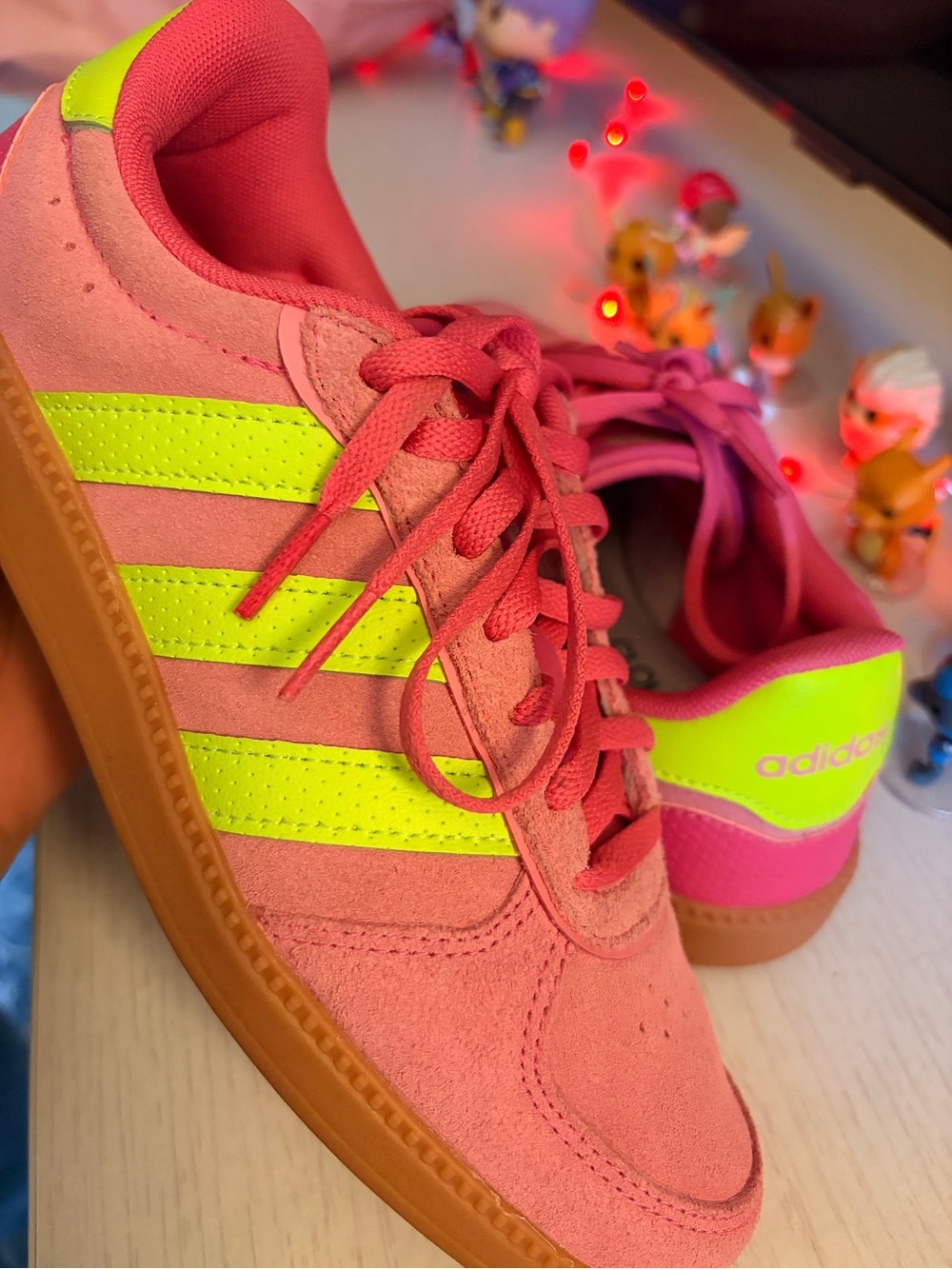 adidas Pink Suede Sneakers with Neon Yellow Stripes